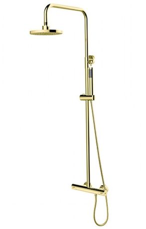 BESCO DECCO / ILLUSION sprchový stĺp teleskopický s termostatickou nástennou batériou kompletný, rozteč 15cm, zlatý, BP-DIT-ZL